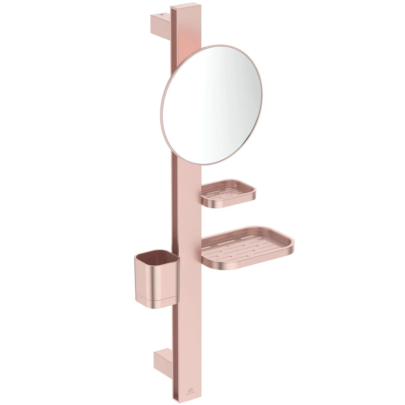 Ideal Standard Alu+ Beauty mirror, Accessory combination S, with Ø 205 mm cosmetic mirror (3x magnification) and adjustable shelves, made from 84% recycled aluminum – Rosé (310.5x160x717 mm)