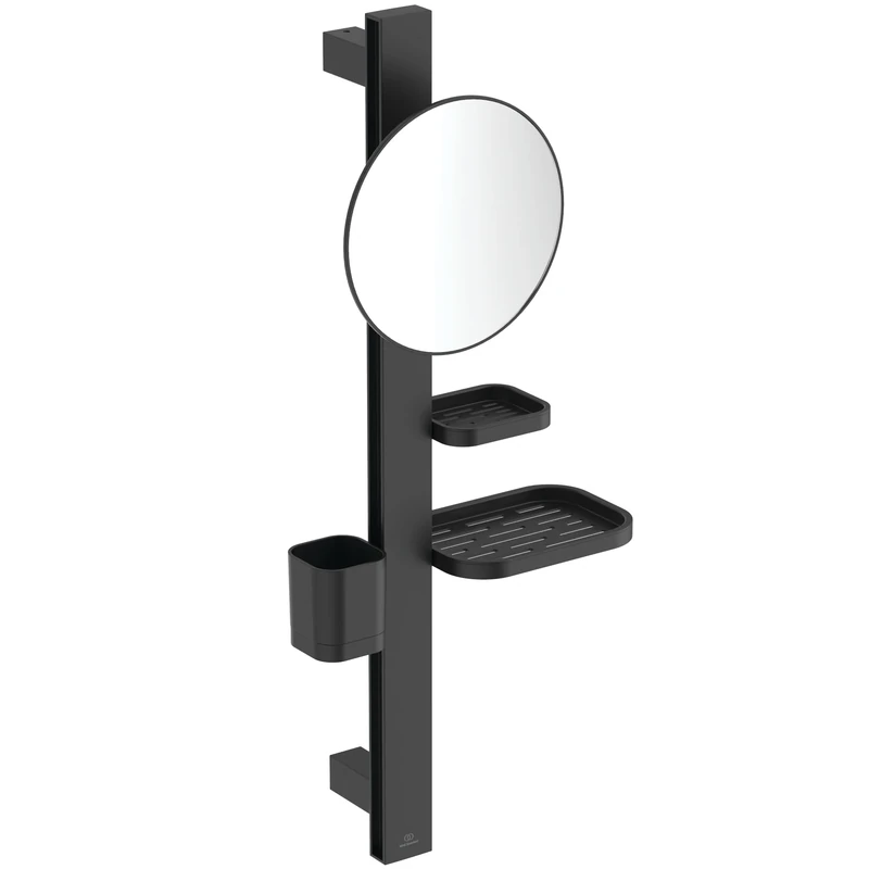 Ideal Standard Alu+ Beauty mirror, Accessory combination S, with Ø 205 mm cosmetic mirror (3x magnification) and adjustable shelves, made from 84% recycled aluminum – Matt Black (310.5x160x717 mm)