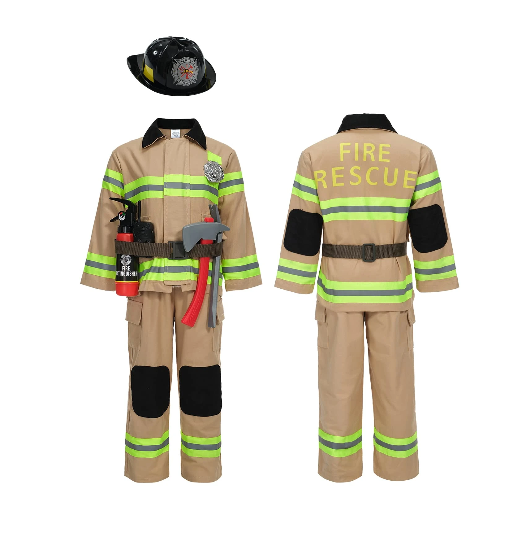 Kosgraiy Firefighter Costume for Kids,Tan Fireman Costume for Boy and Girl,Kds Fire Chief Costume Outfit,Halloween,9pcs,Size XS for Toddler 2-3Years