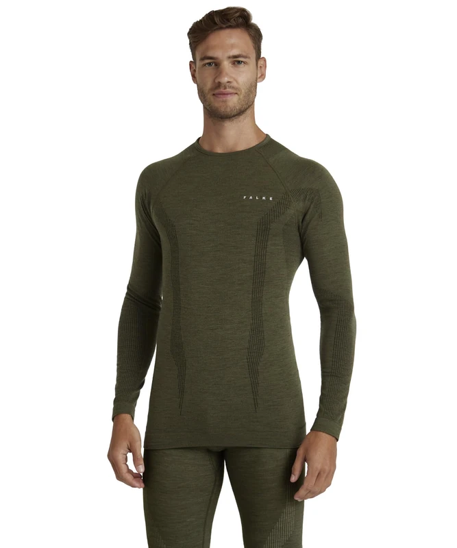 FALKE Men's Wool-Tech Round Neck M L/s Sh Functional Yarn Quick Dry Base Layer Top 1 Piece, Green Olive 7830, XL
