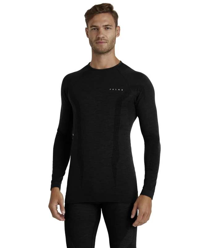 FALKE Men's Wool-Tech Round Neck M L/s Sh Functional Yarn Quick Dry 1 Piece Base Layer Top, Black 3000, S