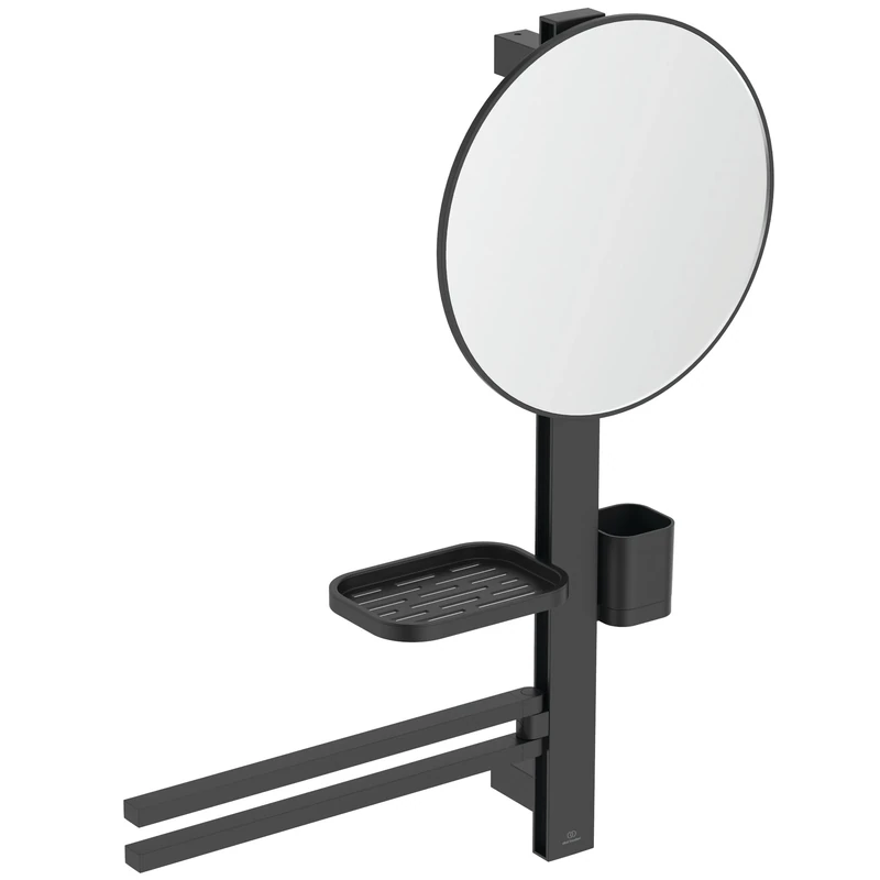 Ideal Standard Alu+ Beauty mirror, Accessory combination M, with Ø 328 mm cosmetic mirror and adjustable shelves, made from 84% recycled aluminum – Matt Black (580x145.5x717 mm)