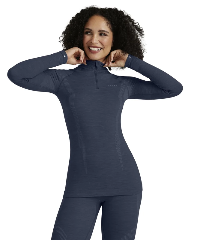 FALKE Women's Wool-Tech High Zip Neck W L/s Sh Functional Yarn Quick Dry 1 Piece Base Layer Top, Blue Capitain 6751, XL