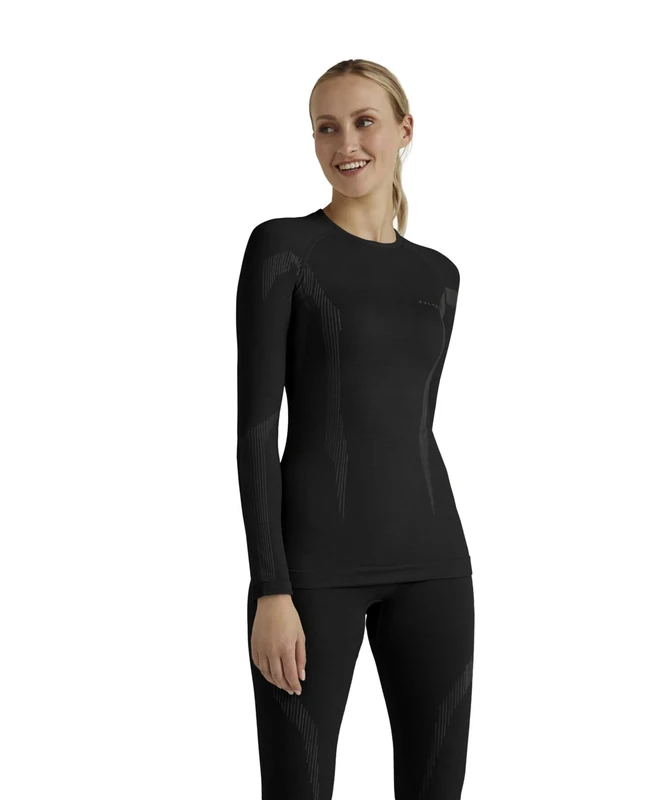 FALKE Women's Wool-Tech Round Neck W L/s Sh Functional Yarn Quick Dry 1 Piece Base Layer Top, Black 3000, L
