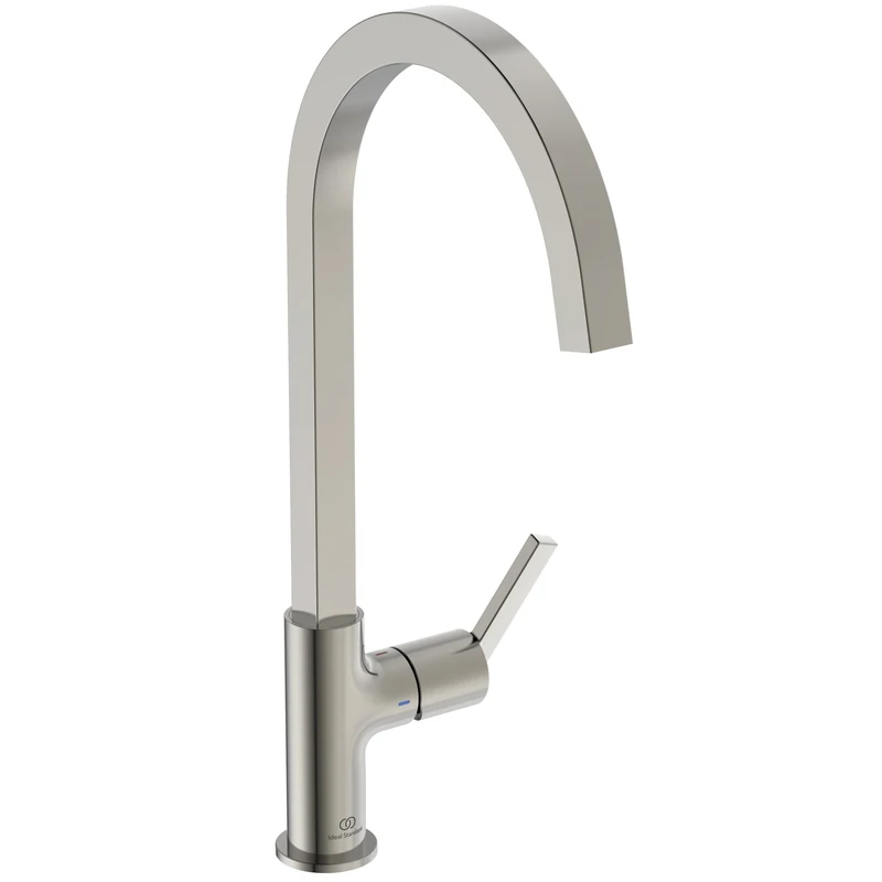 Ideal Standard – Gusto Kitchen tap, High spout with Square Design, with FirmaFlow Cartridge, 360° Swivel spout, Easy to Install with EasyFix+ Fixation, PVD Finish, Silver Storm