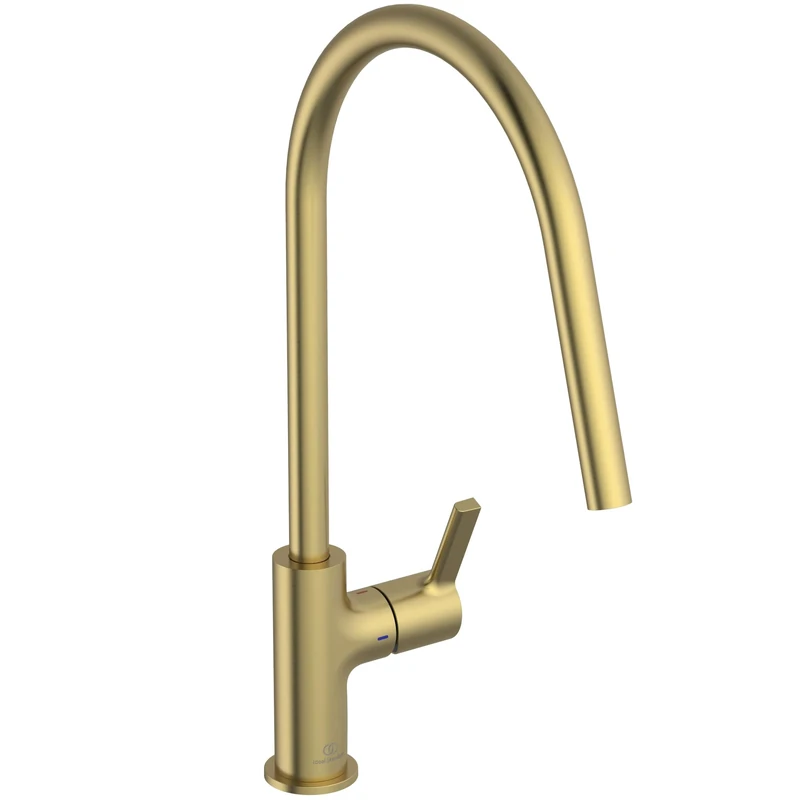 Ideal Standard – Gusto Kitchen tap, High spout with Round Design, with FirmaFlow Cartridge, 360° Swivel spout, Easy to Install with EasyFix+ Fixation, PVD Finish, Brushed Gold