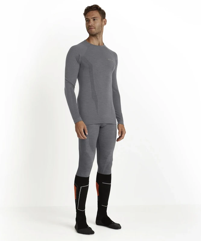 FALKE Men's Wool-Tech Round Neck M L/s Sh Functional Yarn Quick Dry 1 Piece Base Layer Top, Grey Grey-Heather 3757, XL