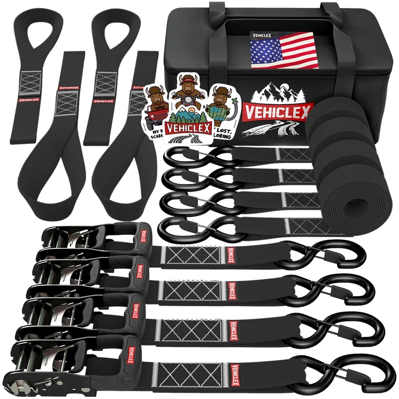 Motorcycle Ratchet Tie Down Straps with Soft Loops - Vehiclex 4PK Heavy Duty 1.5" x 8ft Kit, 4,400 lb Breaking Strength for Powersports, Black