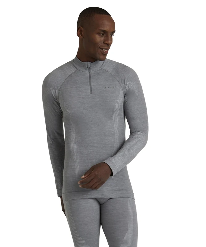 FALKE Men's Wool-Tech High Zip Neck M L/s Sh Functional Yarn Quick Dry 1 Piece Base Layer Top, Grey Grey-Heather 3757, XXL