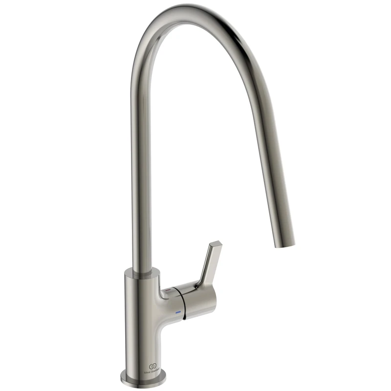 Ideal Standard – Gusto Kitchen tap, High spout with Round Design, with FirmaFlow Cartridge, 360° Swivel spout, Easy to Install with EasyFix+ Fixation, PVD Finish, Silver Storm