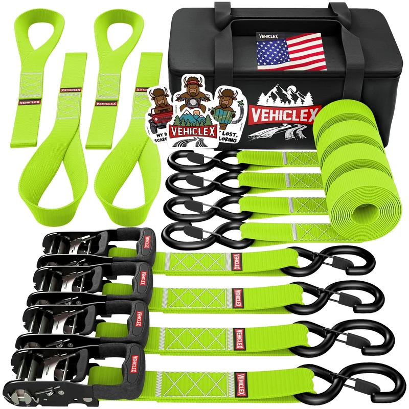 Motorcycle Ratchet Tie Down Straps with Soft Loops - Vehiclex 4PK Heavy Duty 1.5" x 8ft Kit, 4,400 lb Breaking Strength for Powersports, Green