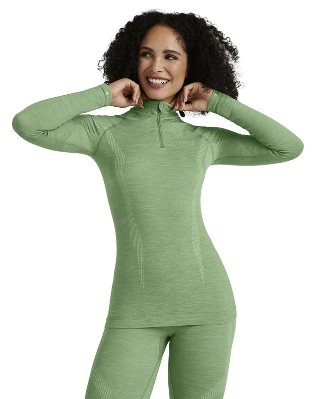 FALKE Women's Wool-Tech High Zip Neck W L/s Sh Functional Yarn Quick Dry 1 Piece Base Layer Top, Green Quiet 7378, M
