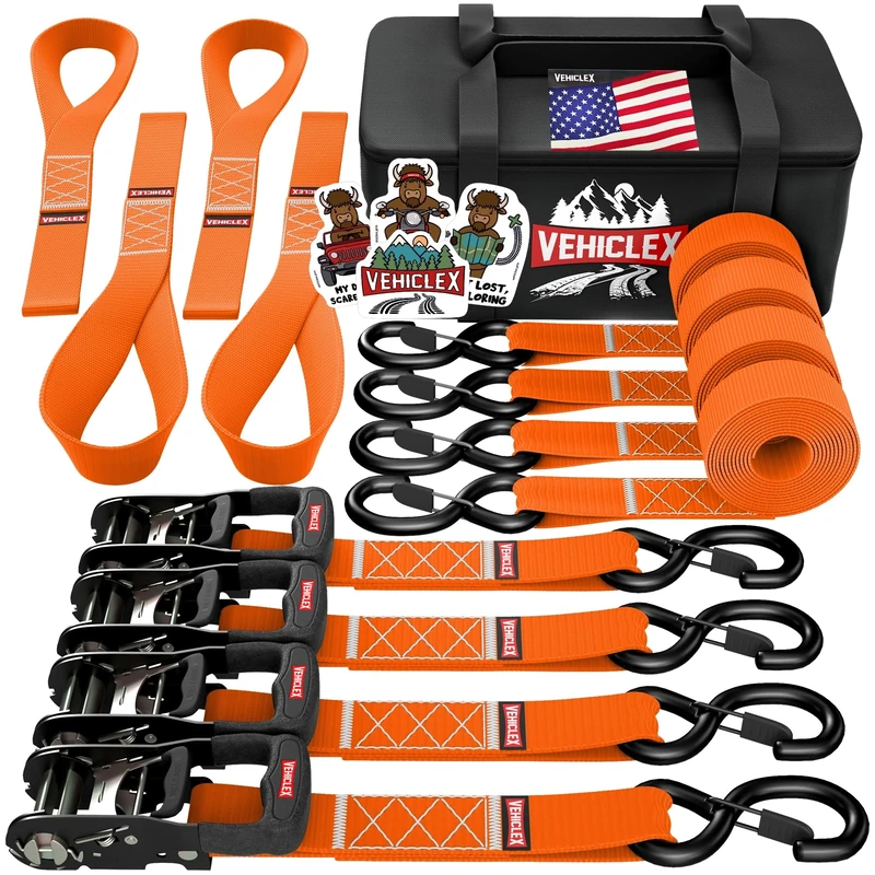 Motorcycle Ratchet Tie Down Straps with Soft Loops - Vehiclex 4PK Heavy Duty 1.5" x 8ft Kit, 4,400 lb Breaking Strength for Powersports, Orange