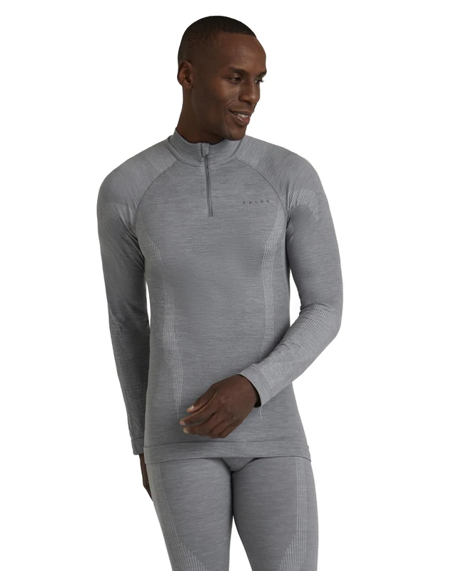 FALKE Men's Wool-Tech High Zip Neck M L/s Sh Functional Yarn Quick Dry 1 Piece Base Layer Top, Grey Grey-Heather 3757, XL