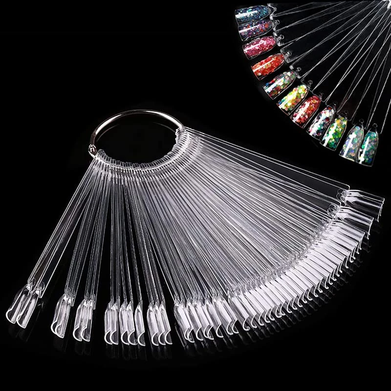 Nail Colour Display" Clear Nail Swatch Sticks, Salon Nail Display Tips, Nails Samples Sticks for Nail Art Design Nails Practice | Fan Shape, with Metal Ring, Pack of 50