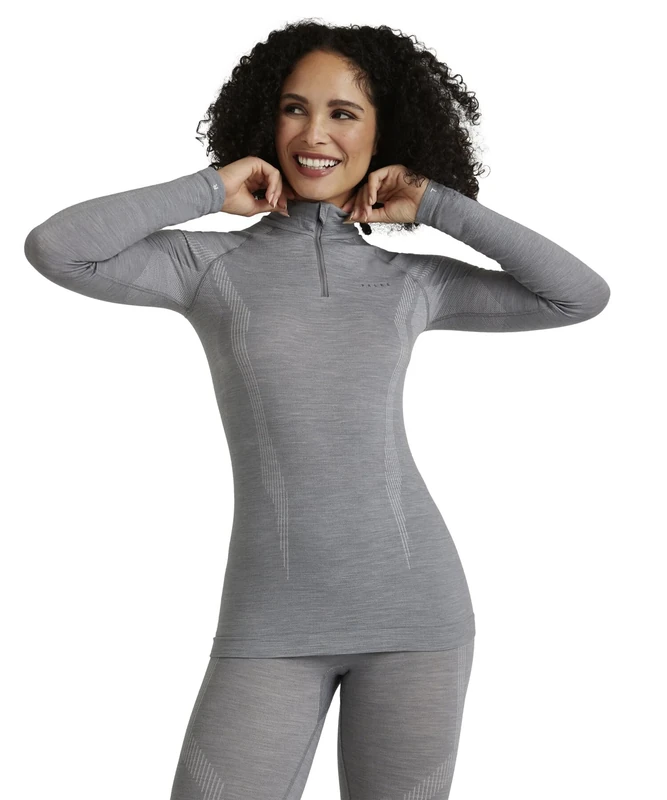 FALKE Women's Wool-Tech High Zip Neck W L/s Sh Functional Yarn Quick Dry 1 Piece Base Layer Top, Grey Grey-Heather 3757, S