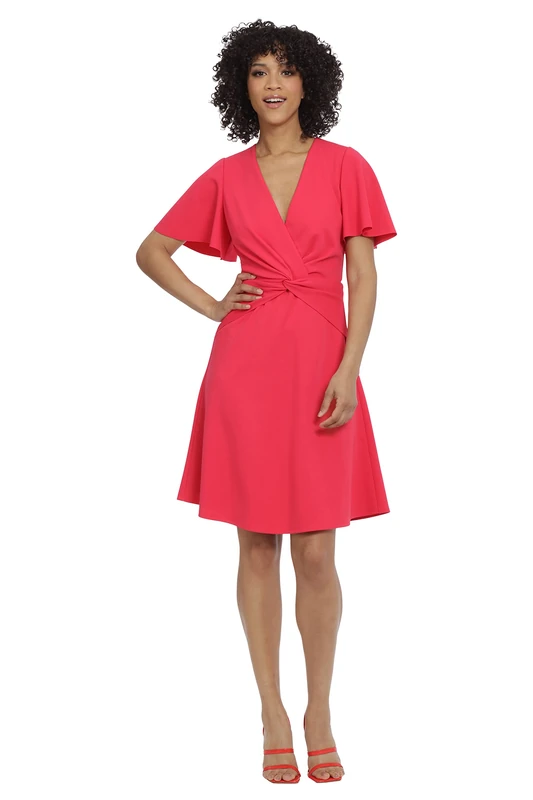 Maggy London Women's V-Neck Twist Waist Detail Crepe Dress, Rose Red, 14