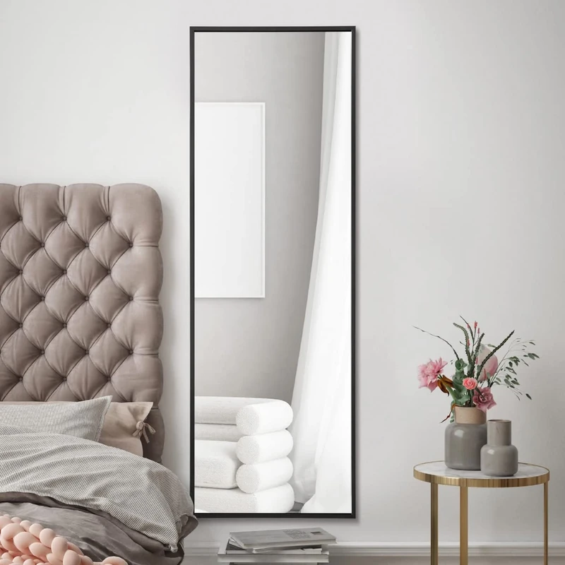 MirrorOutlet The Artus - Black Modern Aluminium Edged Wall Leaner Mirror 47" X 16" (120CM X 40CM) Silver Mirror Glass.…