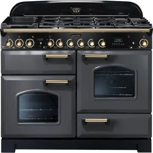 Rangemaster Classic Deluxe CDL110DFFSL/B 110cm Dual Fuel Range Cooker - Slate Grey/Brass - A/A Rated