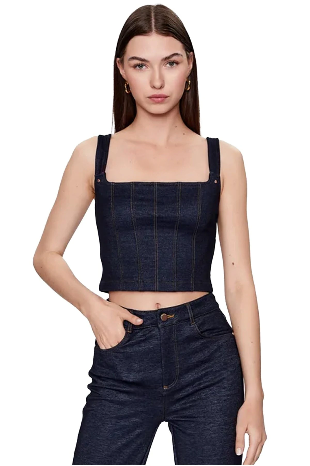 Guess Women's Selene Corset Top Shirt, Blue Denim, L
