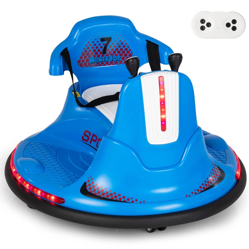 GYMAX 360 Spin Kids Bumper Car, 6V Battery Powered Ride On Toy with Remote Control, Dual Joysticks, LED Lights & Safety Belt, Children Waltzer Car for 3 Years Old + Boys Girls (Blue)