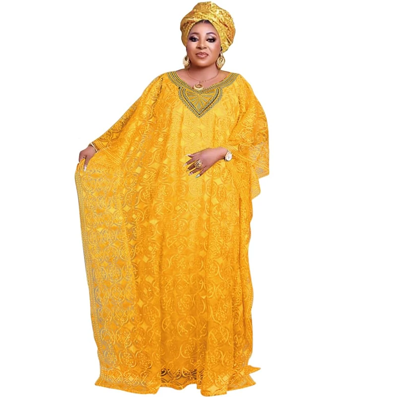 HD Womens African Lace Kaftan Dress Embroidery V Neck Evening Party Gown One Size with Matching Headwrap, Yellow93, One Size
