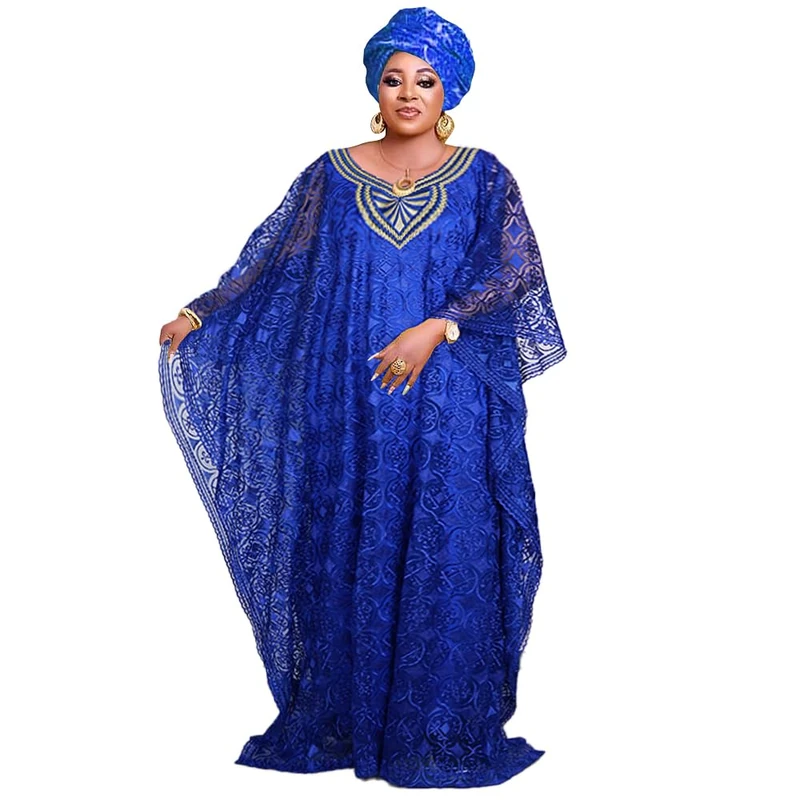 HD Womens African Lace Kaftan Dress Embroidery V Neck Evening Party Gown One Size with Matching Headwrap, Blue93, One Size