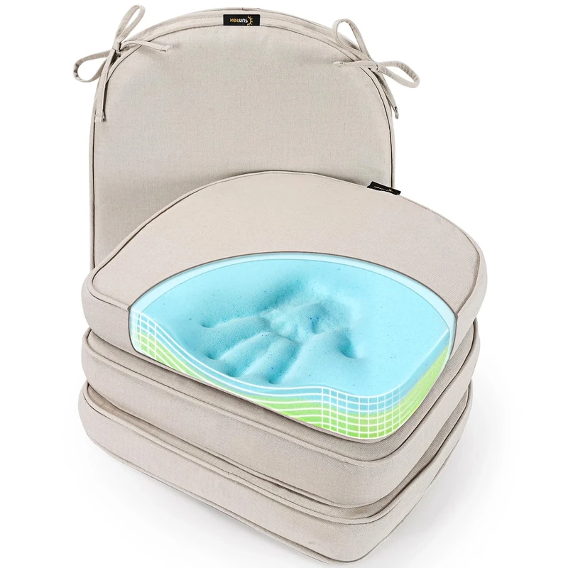 SUNROX Gel Memory Foam Chair Cushions, FadeShield Water-, Stain-Resistant Durable Reversible Seat Cushion Pads with Ties for Indoor/Outdoor Kitchen Dining Office, 17"x16", Set of 4, Cream