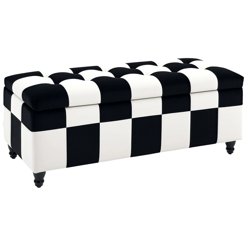 HOMCOM 114 x 47 x 47cm Velvet Storage Ottoman, Button-tufted Footstool Box, Toy Chest with Lid for Living Room, Bedroom, White and Black - Image 1