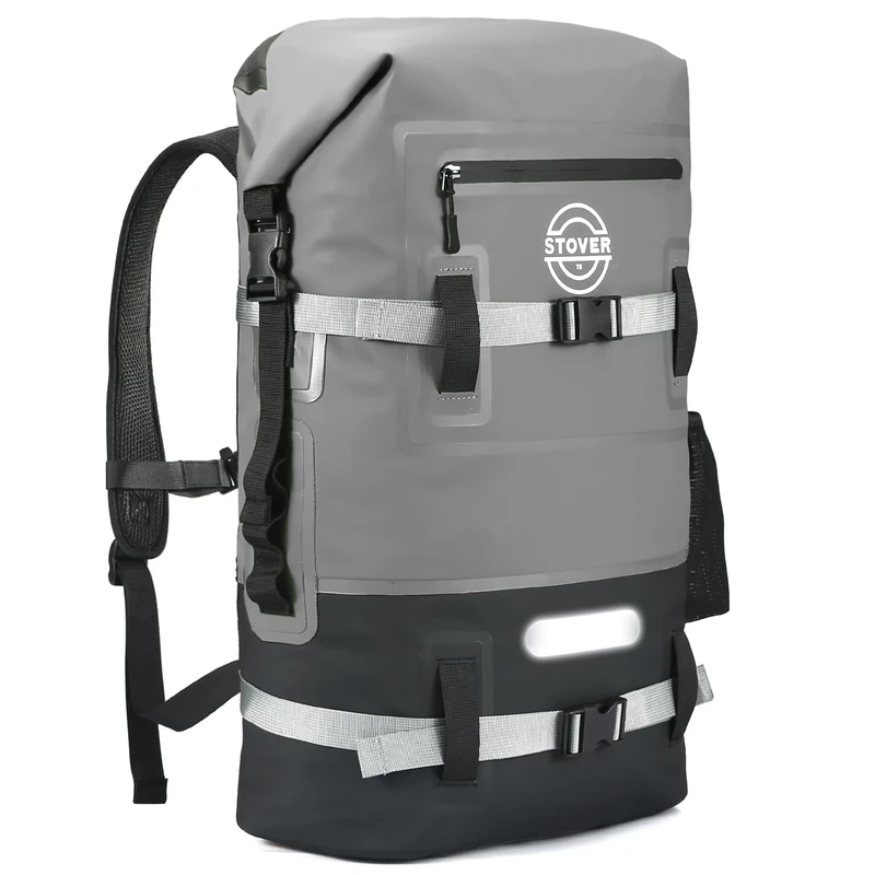 STOVER RapidsOne Waterproof Backpack Heavy Duty Roll-Top Closure Floating Dry Bag with Front Pocket Cushioned Padded Back Panel and Reflective Strip (Grey)