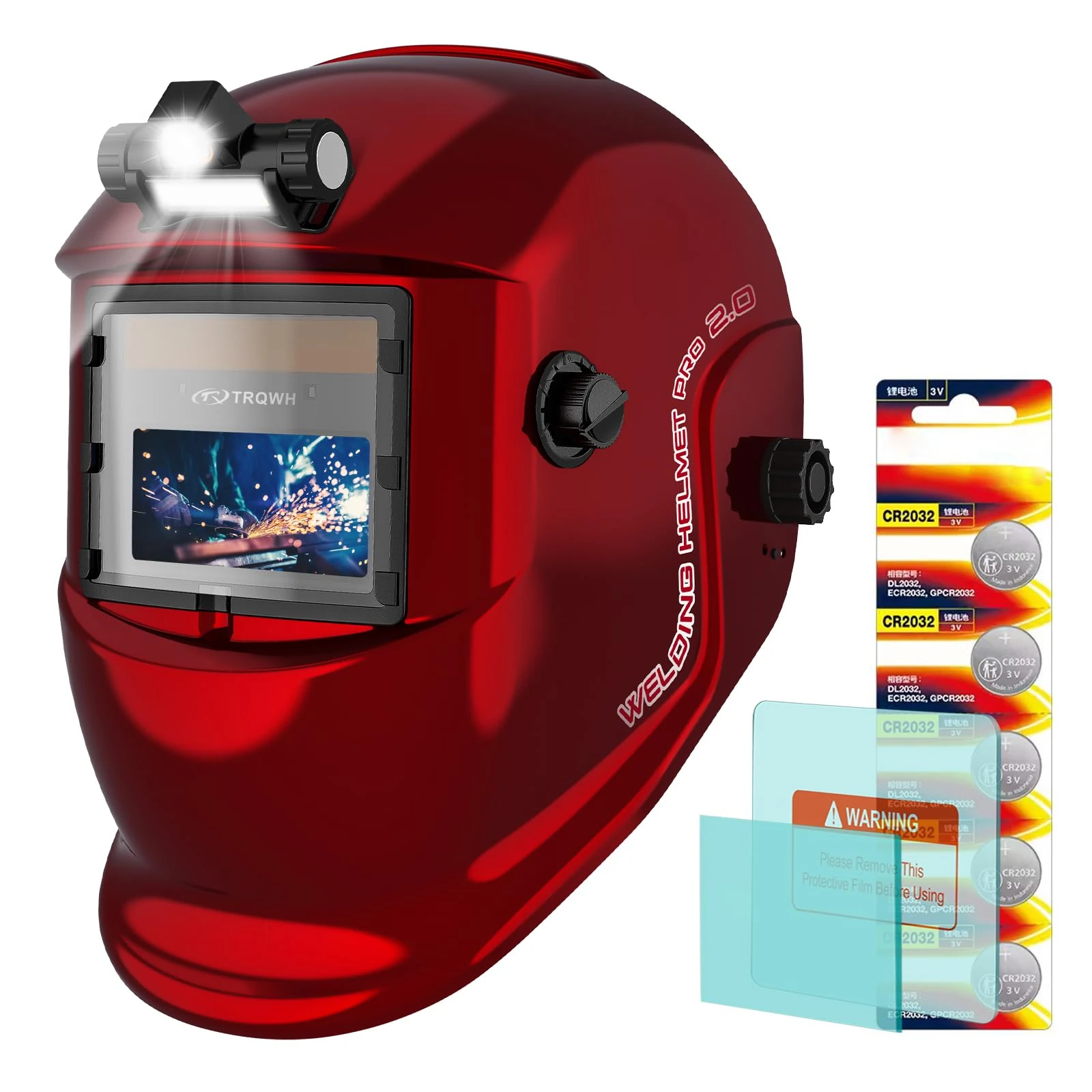 TRQWH Welding Helmet with Light True Color Auto Darkening Welding Helmets for Men Solar Powered Welding Hood with 2 Arc Sensor Wide Shade 4/9-13 for TIG MIG ARC Cool Welder Mask (red)
