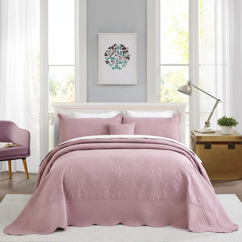 HZ & HY Oversized Alaskan King Bedspread 138x122, Damask, Mauve Shadows