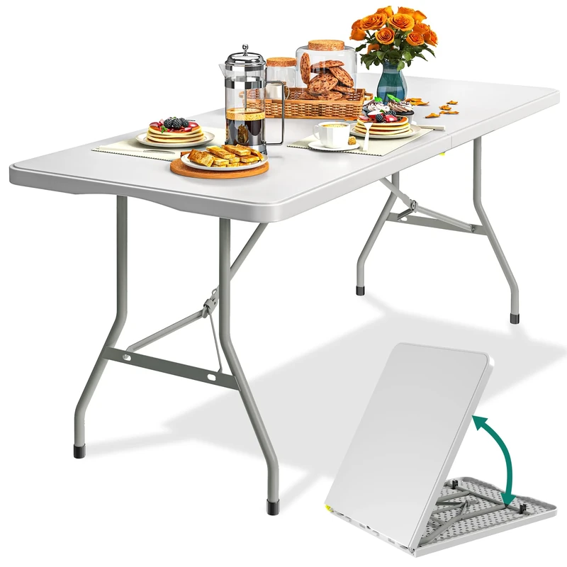 YITAHOME 6ft Folding Camping Table with Handle - Heavy Duty Waterproof Picnic & Foldaway Pasting Option, Portable Trestle for Outdoor Party Beach, 180 x 75 x 74cm, White
