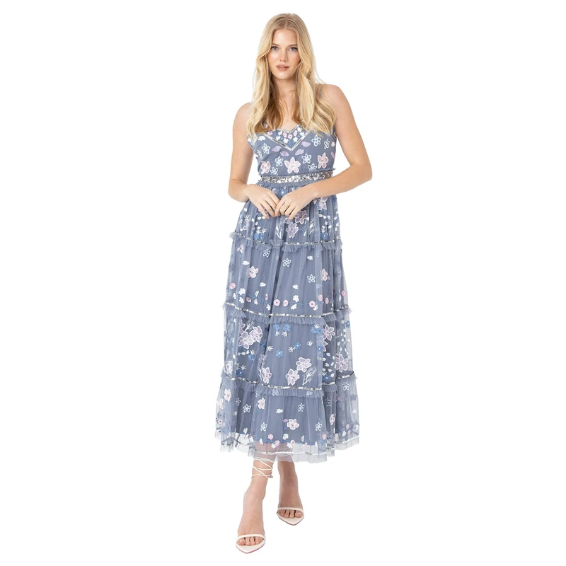 Maya Deluxe Women's Midi Ladies Embroidered Floral Ruffle Sleeveless V Neck Dress for Wedding Guest Bridesmaid Prom Evening, Dusty Blue, 20