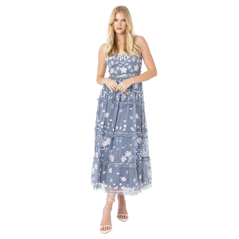 Maya Deluxe Women's Midi Ladies Embroidered Floral Ruffle Sleeveless V Neck Dress for Wedding Guest Bridesmaid Prom Evening, Dusty Blue, 6