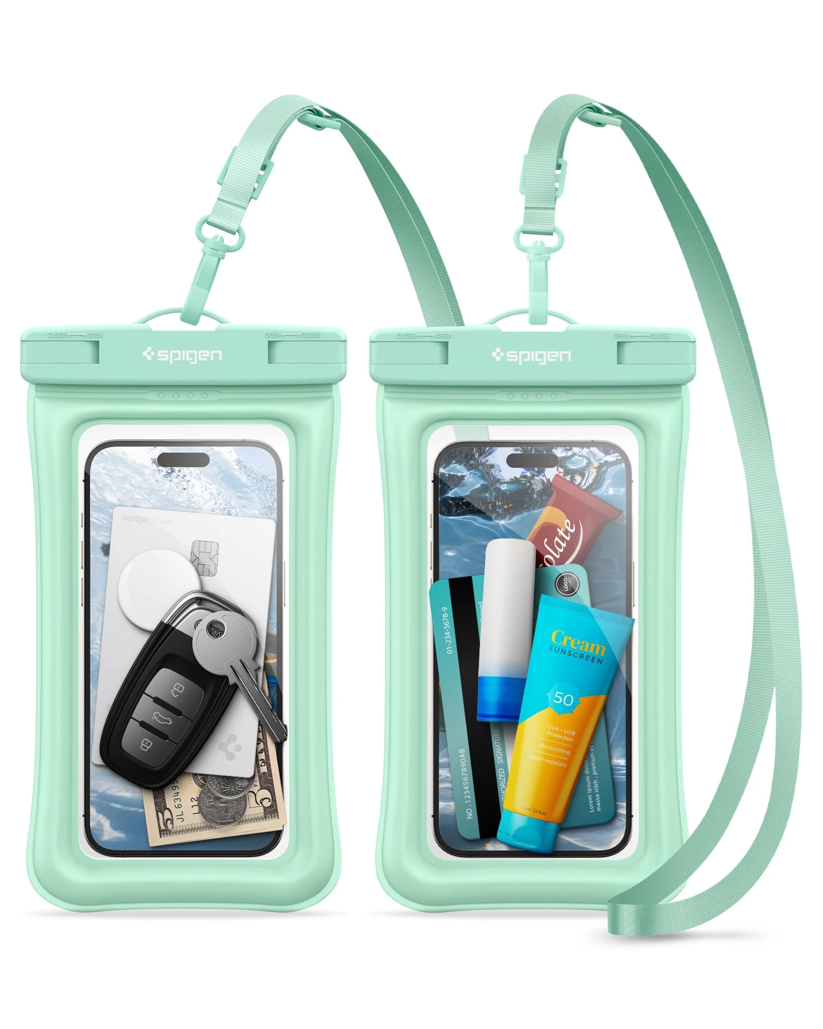 Spigen [2 PACK Aqua Shield Floating Waterproof Phone Pouch Up to 8.2, [Extra Large] [Non-Toxic TPU] IPX8 Case for iPhone 16 16e 15 14 Pro Max Plus, Samsung S25 S24 Ultra, Pixel more - Mint