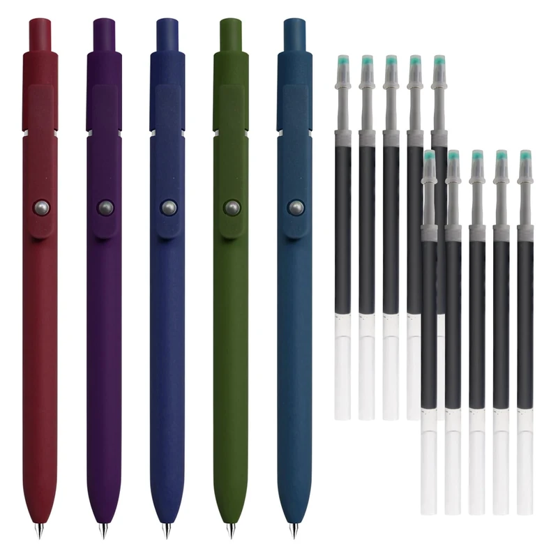 FINEASY 5 PCS Gel Pens,0.5mm Retractable Rollerball Pens Ballpoint Pens Black Ink Smooth Writing for School Office Home,10 Additional Refills (Vintage)