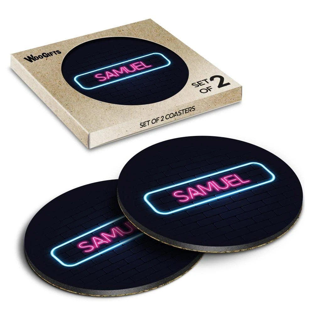 2 x Round Coasters - Neon Sign Design Samuel Name Cork Backed MDF Glossy Tea Coffee Accessory #352465