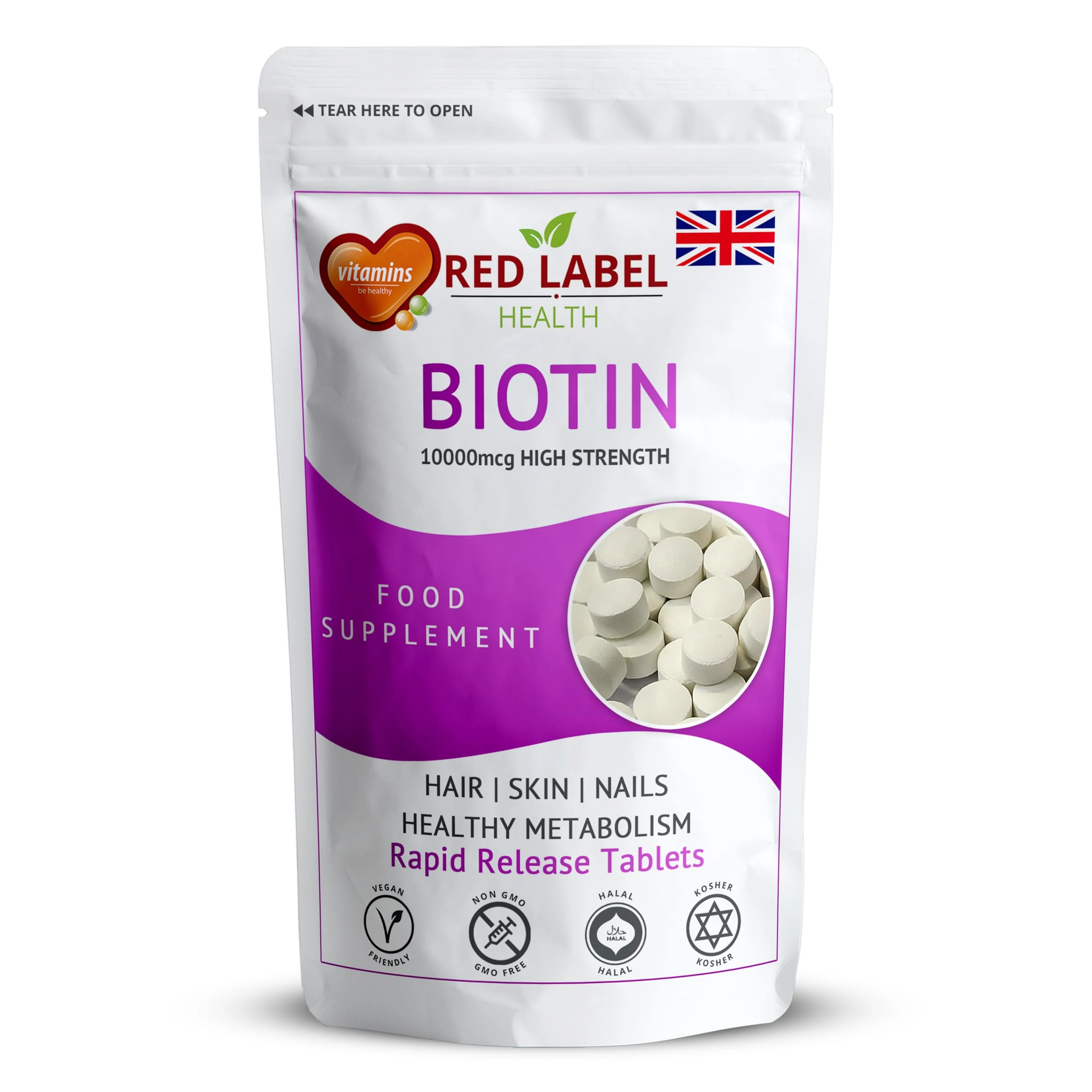 Red Label Health Biotin 10000mcg Tablets for Thick Hair, Skin Radiance & Nail Strength High Potency Supplement for Men & Women, 365 Tablets (1 Year Supply) D-Biotin Boosts Energy & Overall Wellness