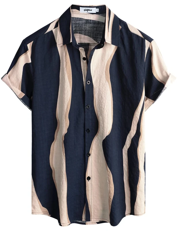 VATPAVE Mens Floral Hawaiian Shirts Short Sleeve Button Down Beach Shirts Medium Navy Beige Tropical