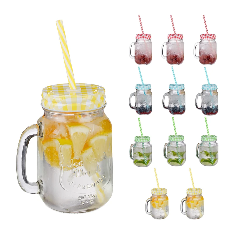 Relaxdays 12x Drinking Jars, 500ml Each, Dishwasher Safe, incl. Lids & Straws in 4 Colours, Vintage Glasses, Transparent, 19 x 11 x 8 cm