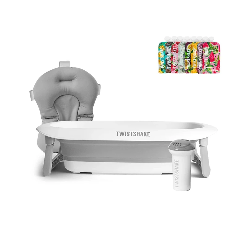 Twistshake Baby Bath Kit - Set of 4 | Foldable Bathtub + Cushion + Rinser + 8X Squeeze Bags of 220ml| Baby Bath Essentials | Light-Weight - Portable - Easy to Clean | Ergonomic Design | BPA/BPS-Free