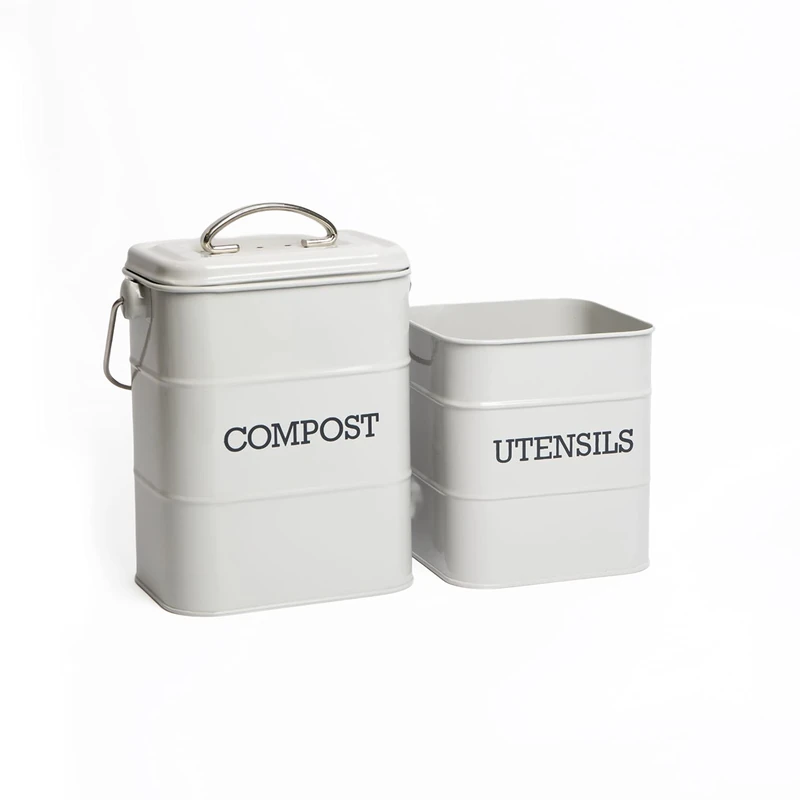 Bundle of KitchenCraft Living Nostalgia Kitchen Compost Bin, Metal, 16.5 x 12 x 24 cm, French Grey + KitchenCraft Living Nostalgia Utensils Tin, Grey, 14.5 x 16 cm