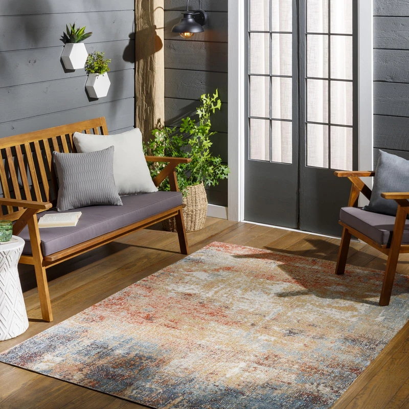 Livabliss Mijek Indoor Outdoor Rug - Large Boho Rugs for Living Room 120x170 cm Dining, Kitchen Carpet, Patterned Neutral & Coloured Rugs, Waterproof, Stain Durable - Rust and Blue