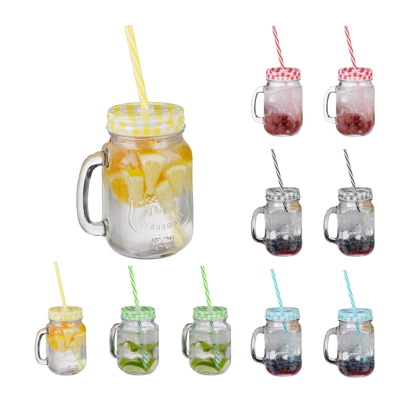 Relaxdays 10x Drinking Jars, 500ml each, Dishwasher Safe, incl. Lids & Straws in 5 Colours, Vintage Glasses, Transparent