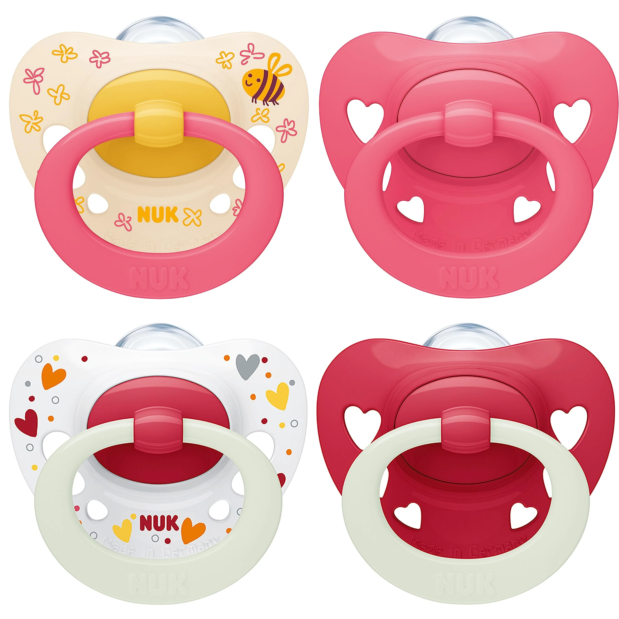 NUK Signature Day & Night Baby Dummy | 6-18 months | Soothes 95% of Babies | Heart-Shaped BPA-Free Silicone Soothers | Glow-in-the-Dark | Hearts | 4 Count