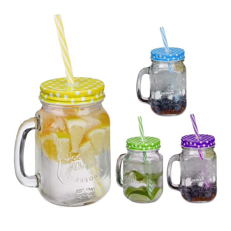 Relaxdays 4X Drinking Jars, 500ml Each, Dishwasher Safe, Dotted Lids & Straws, 4 Colours, Vintage Glasses, Transparent, 19 x 11 x 8 cm