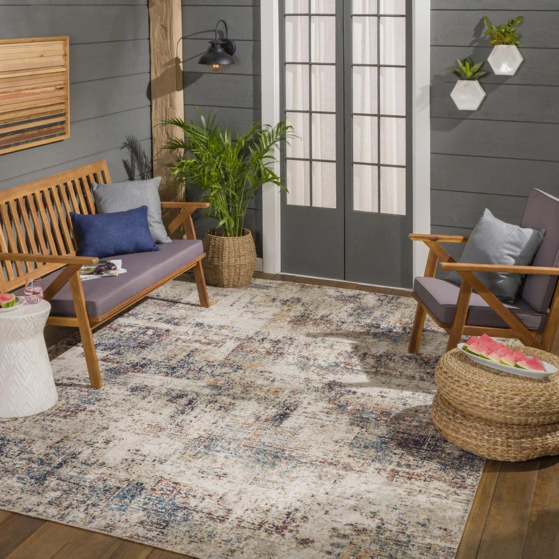 Livabliss Asward Indoor Outdoor Rug - Large Boho Rug for Living Room 120x170cm, Dining, Kitchen Rug - Vintage Patterned Neutral & Coloured Rugs, Waterproof, Stain Durable, Beige and Blue Rug