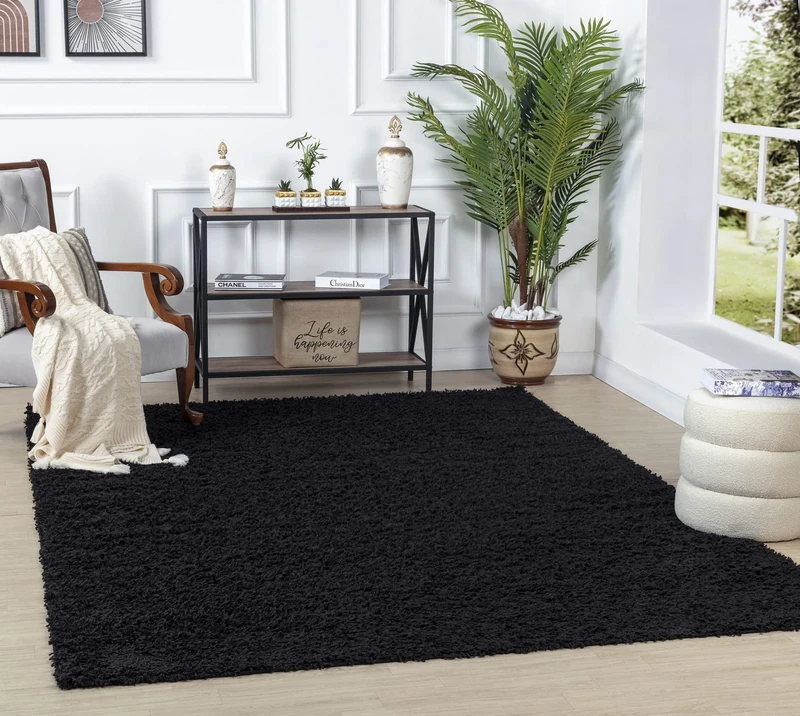 Livabliss Home Shaggy Rug - Modern Berber Rugs Living Room, Large 160x220 cm, Soft Shaggy Rugs for Bedroom - Neutral Boho Fluffy Rug, Easy Care Plush Thick Pile - Black