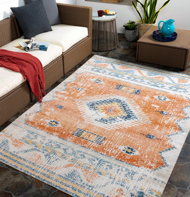 Livabliss Lusaka Indoor Outdoor Rug - Large Boho Rugs for Living Room 160x220 cm Dining, Kitchen Carpet, Patterned Neutral and Coloured Rugs, Waterproof, Stain Durable - Rust and Blue